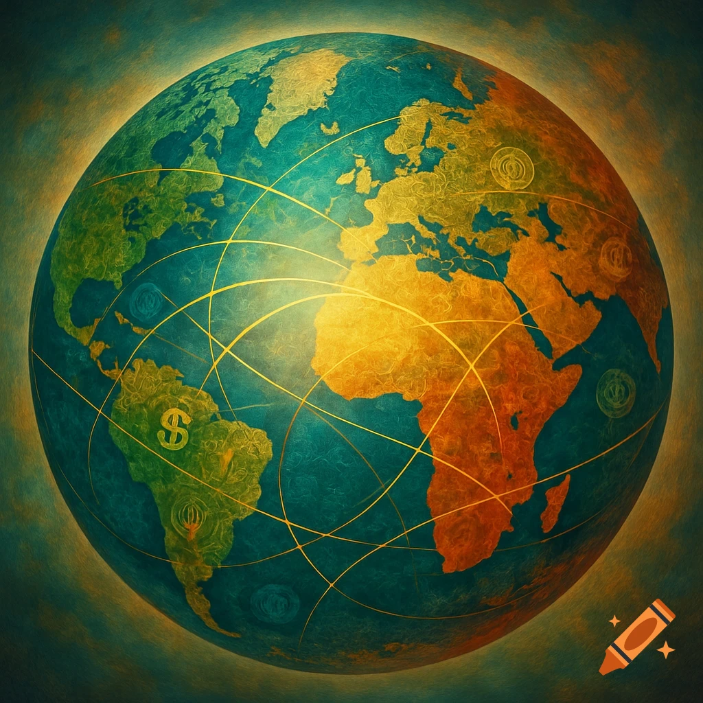 Stylized world globe with golden networks and a dollar sign on continents, set against a textured blue-green background.