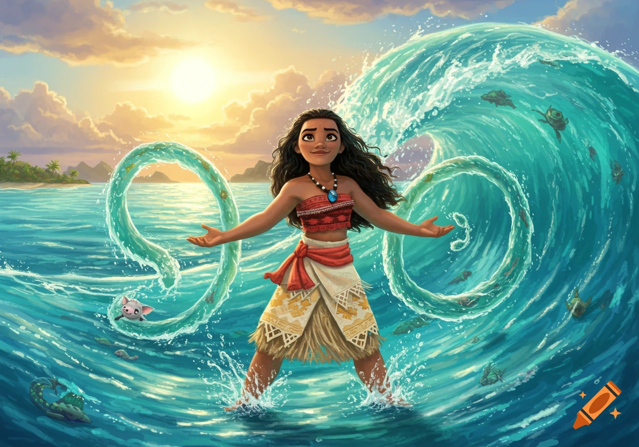Moana stands in a tropical ocean at sunset, manipulating swirling water, with a large wave, pig, and sea turtles around her in an animated style.