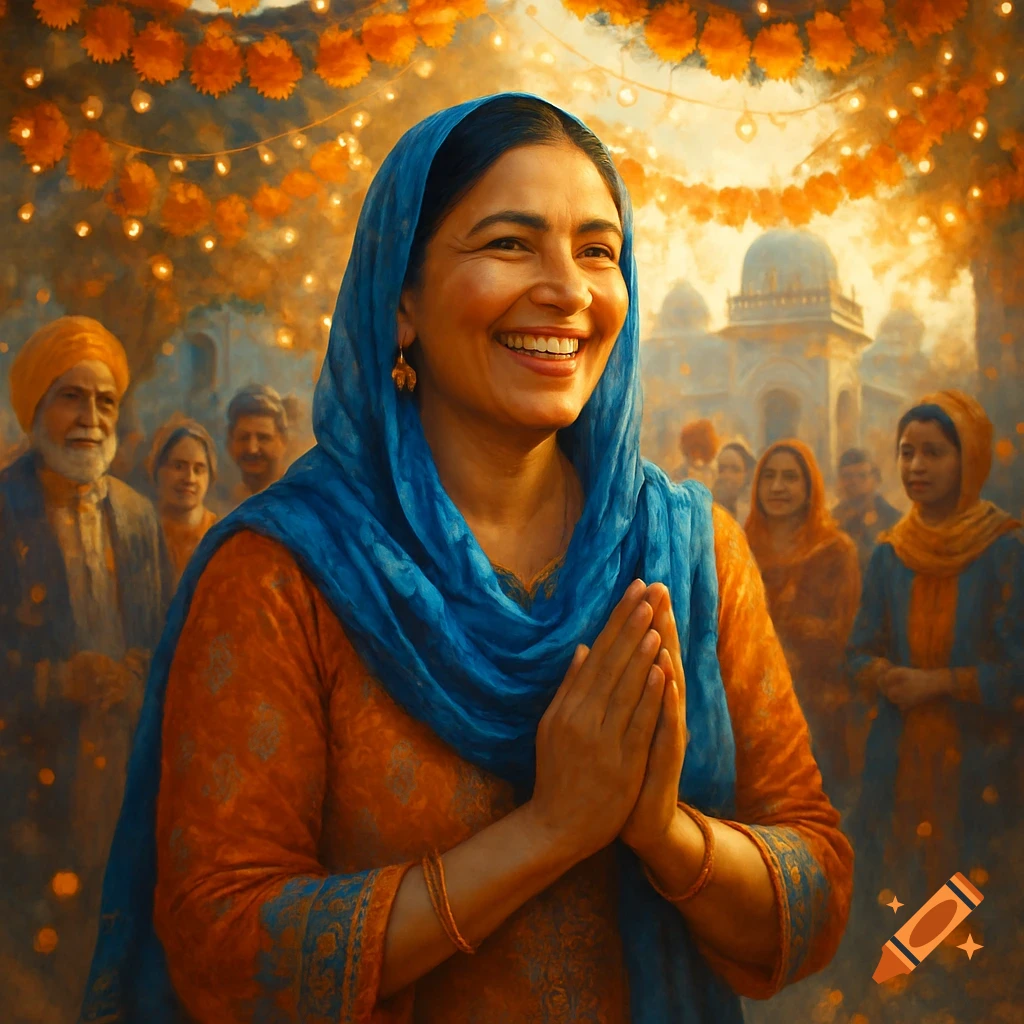 A smiling South Asian woman in a blue headscarf and orange dress, hands pressed in greeting, in a festive outdoor setting with a temple in the background.