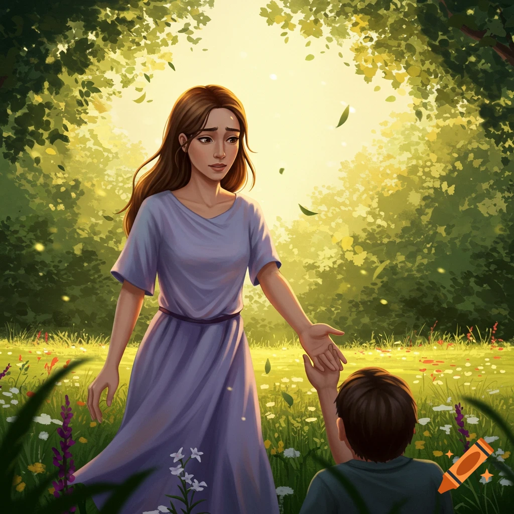 A stylized illustration of a woman in a purple dress extending her hand to a child in a sunny, leafy clearing with wildflowers.