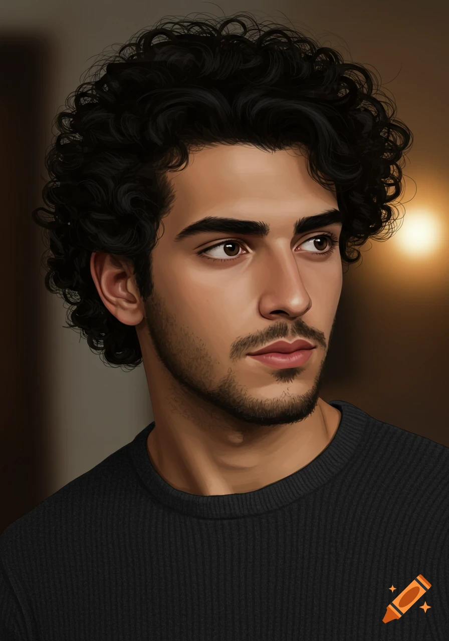 A handsome young man with dark curly hair and a stubble beard looks to the left, wearing a black sweater in a photorealistic digital painting.
