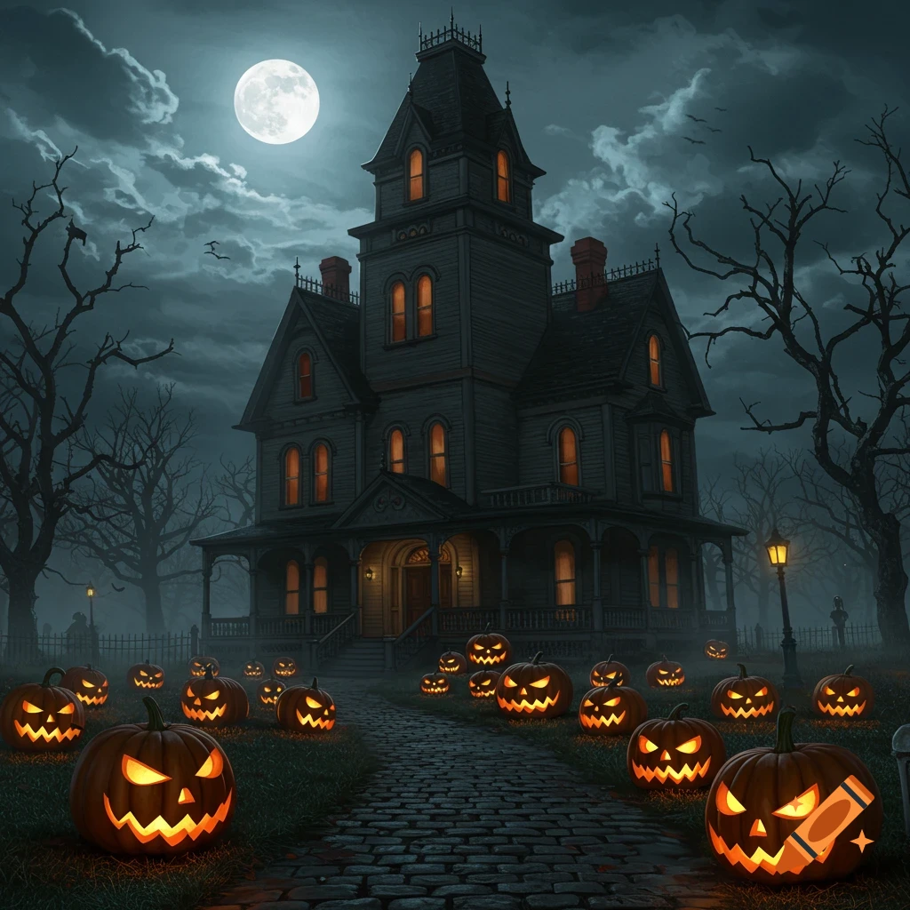 A spooky haunted house at night, illuminated by a full moon, with a path lined by glowing jack-o-lanterns and barren trees.