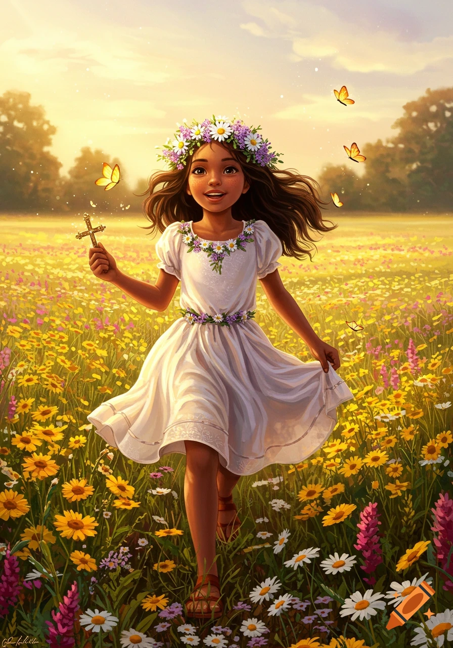 A mixed-race girl with a flower crown runs joyfully through a sunlit field of yellow flowers, holding a small cross.