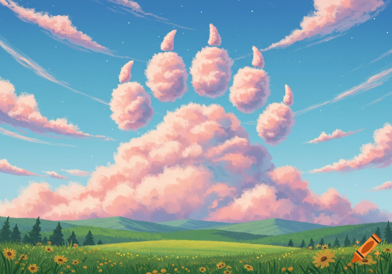 A cute cartoon landscape with pink, fluffy clouds shaped like a bear paw in a blue sky above a green field with wildflowers and distant mountains.