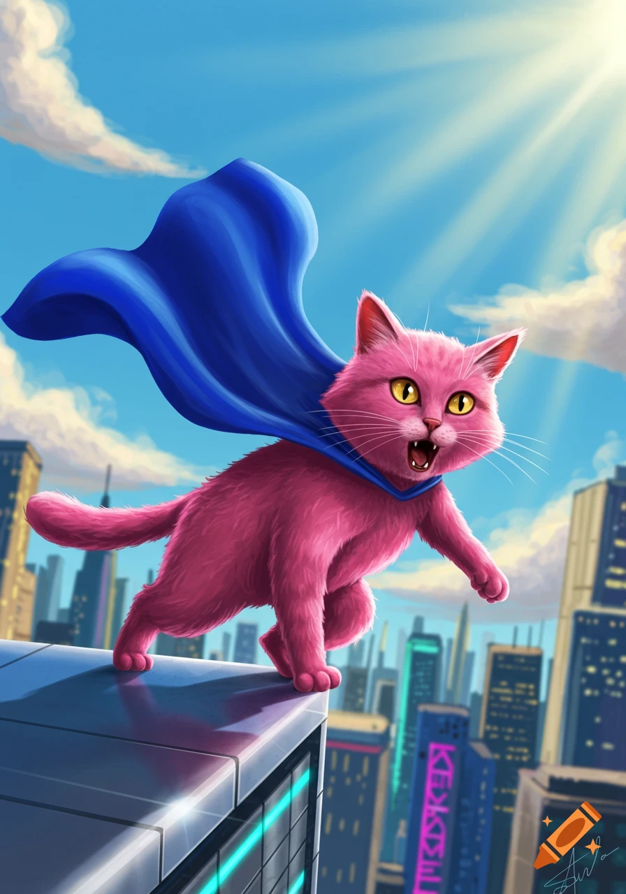 A vibrant pink superhero cat with a blue cape stands on a futuristic city rooftop, looking determined against a bright blue sky.