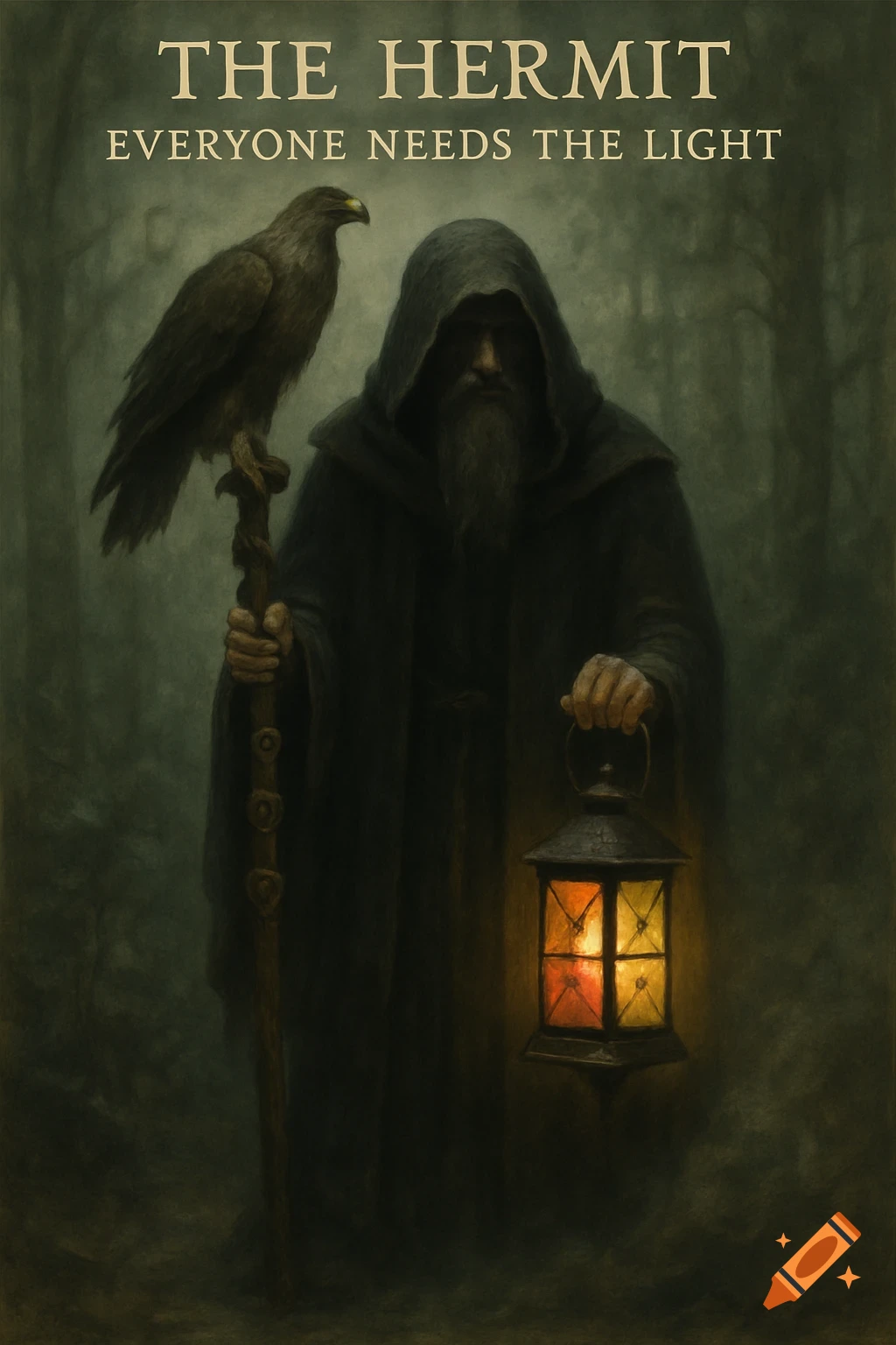 A hooded hermit with a staff topped by an eagle, holding a glowing lantern in a dark, misty forest. Text: 'THE HERMIT EVERYONE NEEDS THE LIGHT'.
