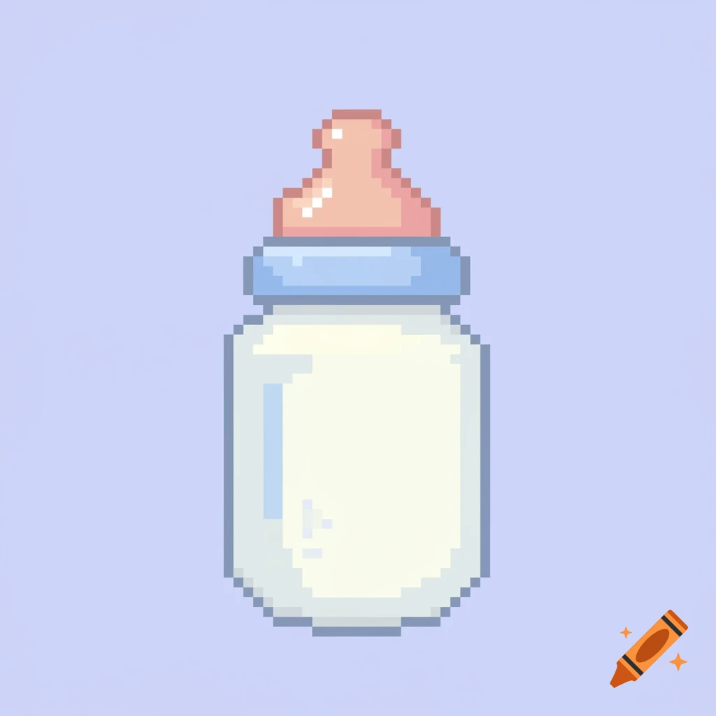 Pixel art of a pastel baby bottle filled with milk on a light purple background.