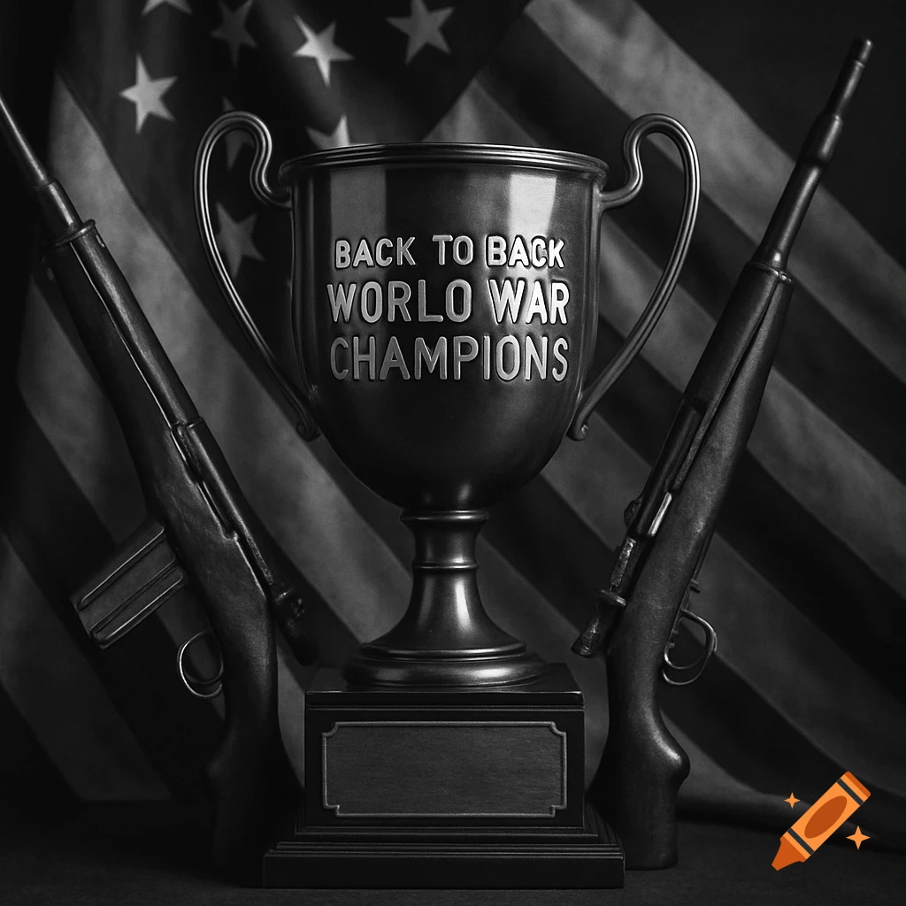 Grayscale image of a 'World War Champions' trophy between two rifles, in front of an American flag.