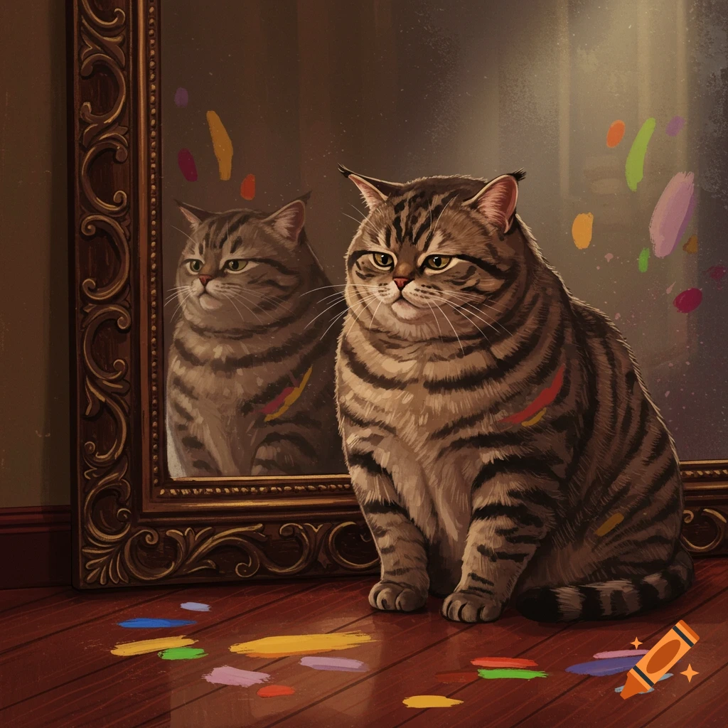 A chubby tabby cat with paint smudges on its fur and the floor sits unimpressed before an ornate mirror.