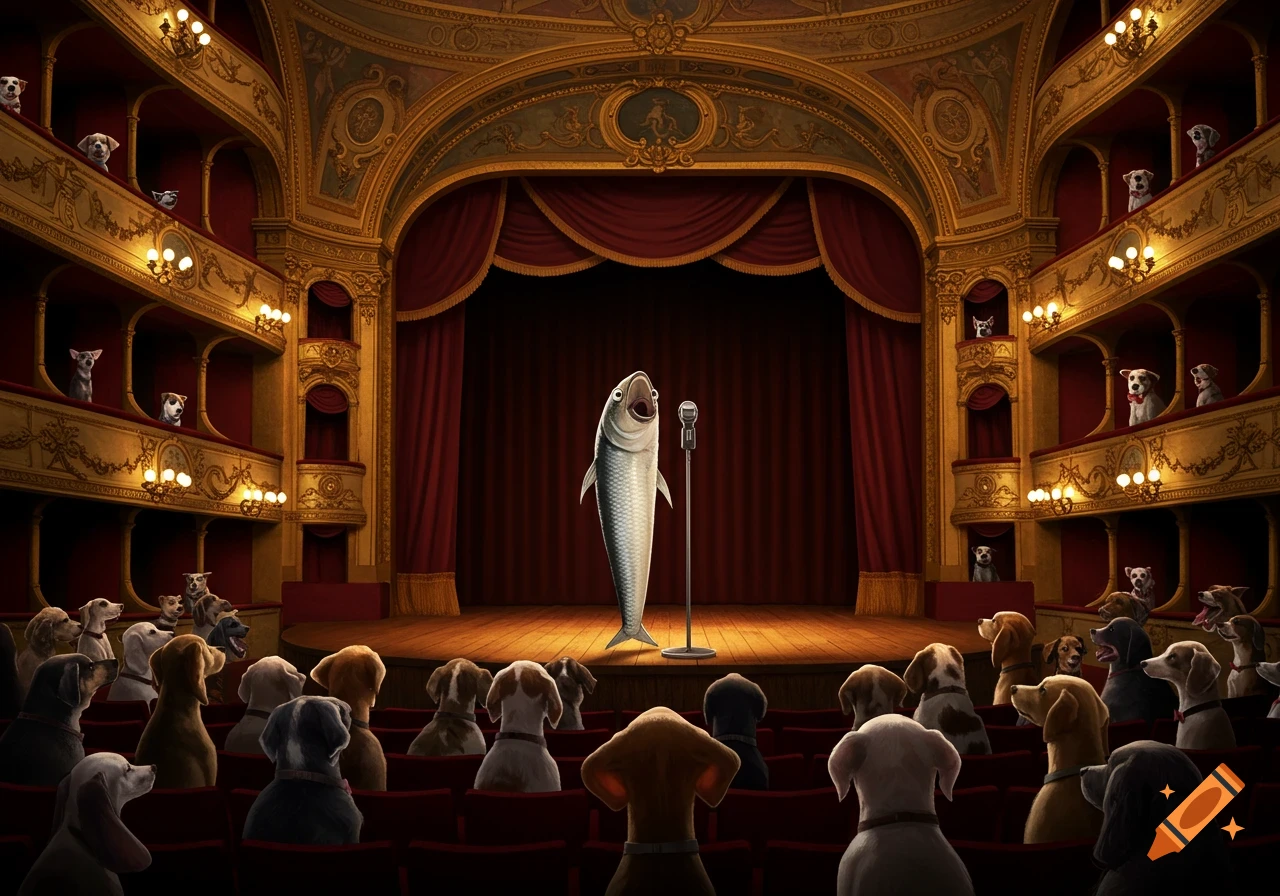 A fish stands at a microphone on stage in an ornate opera house, singing to an audience of dogs in red seats.