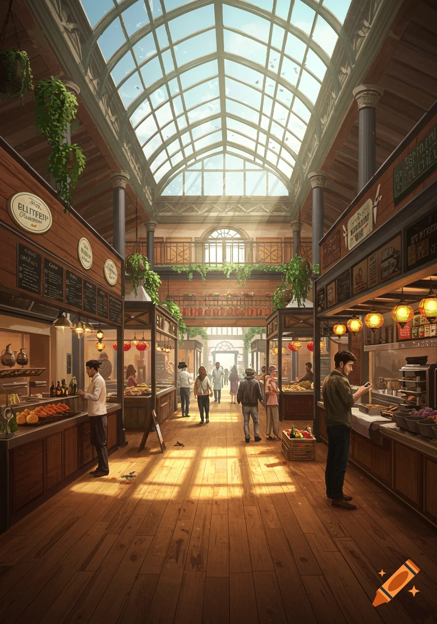 A grand food hall with a glass arched ceiling letting in sunlight, people walking among food stalls.