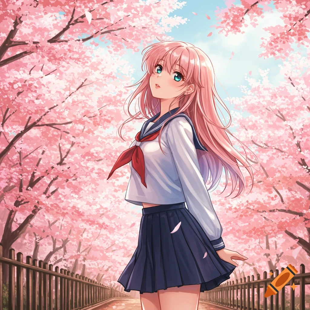 Anime girl with pink hair in a school uniform standing on a path lined with blooming cherry blossom trees.