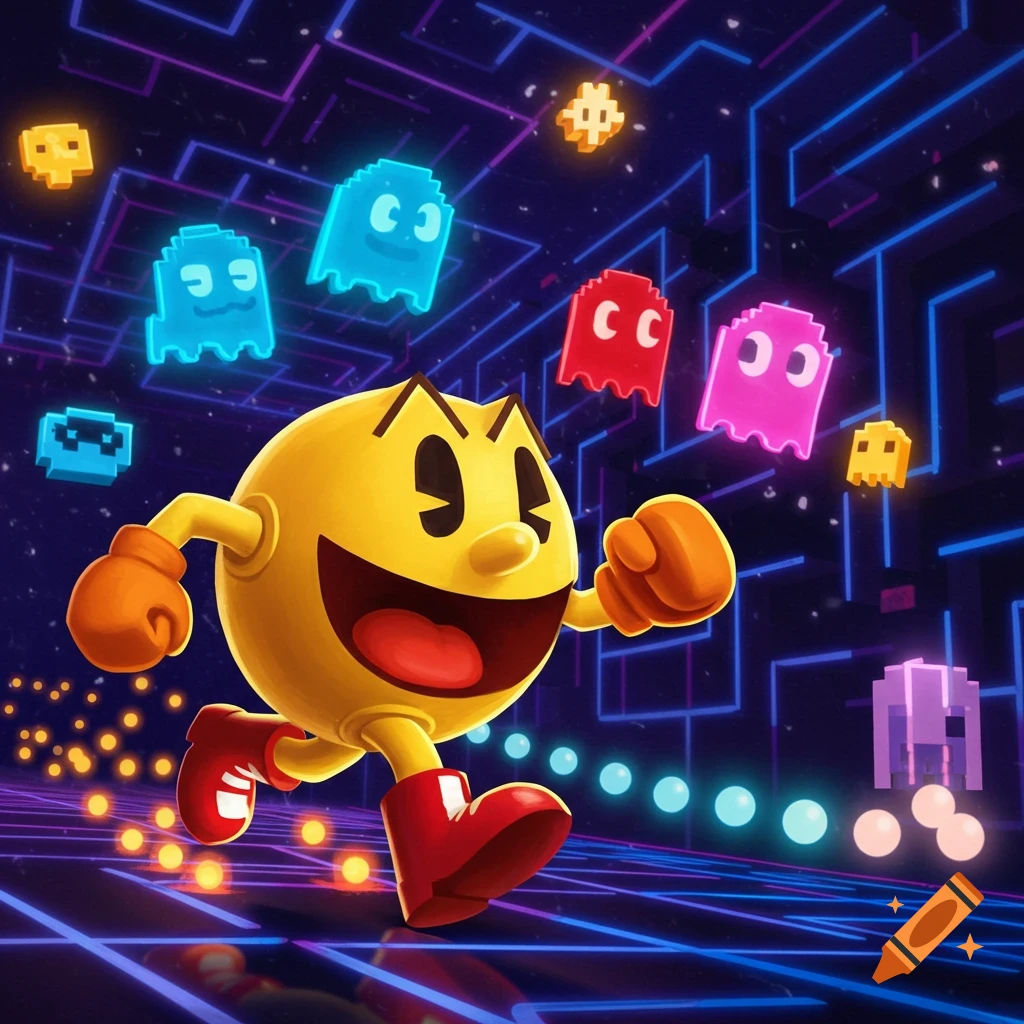 Vibrant, stylized image of Pac-Man running through a neon maze with colorful ghosts floating around him.