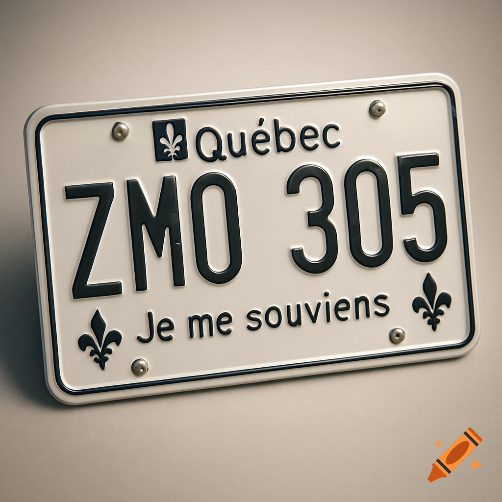 A close-up, photorealistic image of a white Quebec license plate with black text "Québec", "ZMO 305", and "Je me souviens".