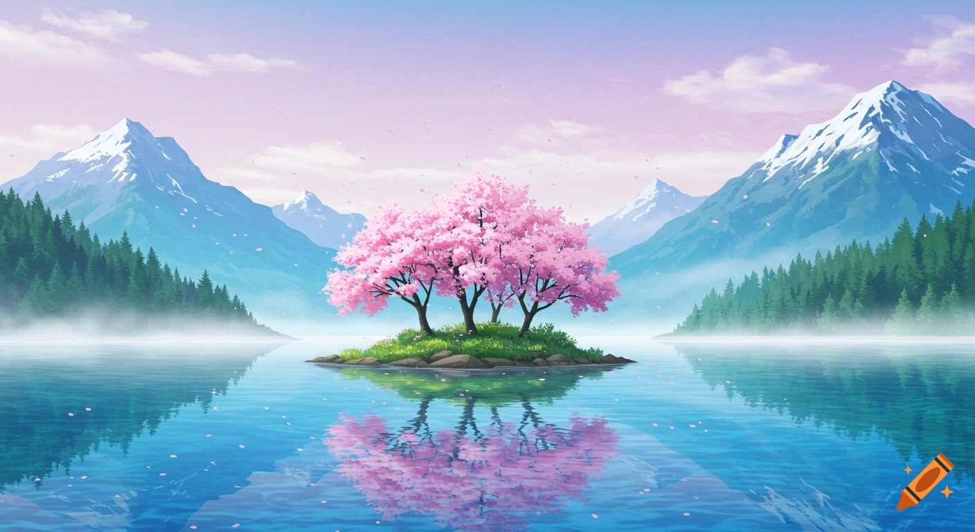 Anime landscape of pink cherry blossom trees on a lake island, reflected in the water, with snow-capped mountains.