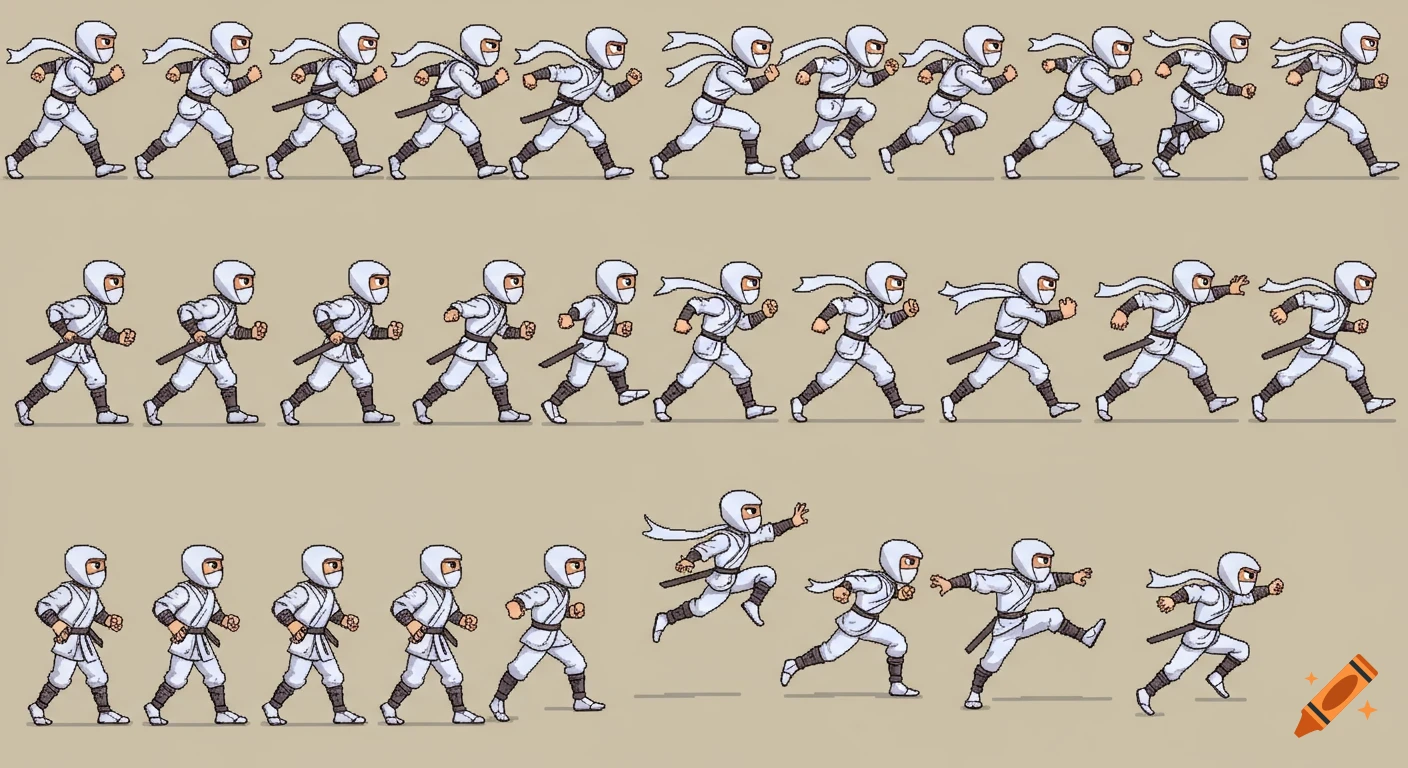 Pixel art sprite sheet of a white ninja character in various action poses, including walking, running, and jumping.