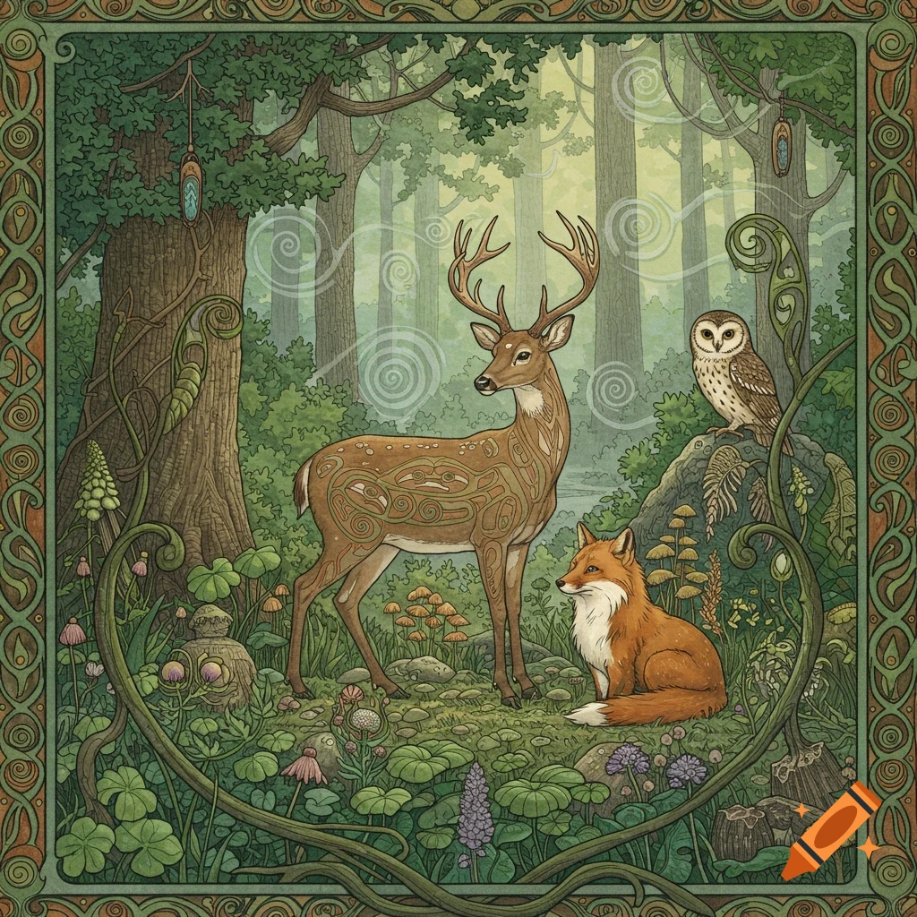 Detailed illustration of a deer, fox, and owl in a lush, green forest, framed by intricate, Celtic-inspired patterns.