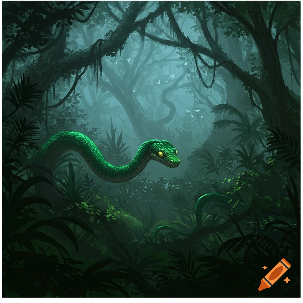 A vibrant green snake with yellow eyes slithers through a dark, misty jungle, in an illustrative style.