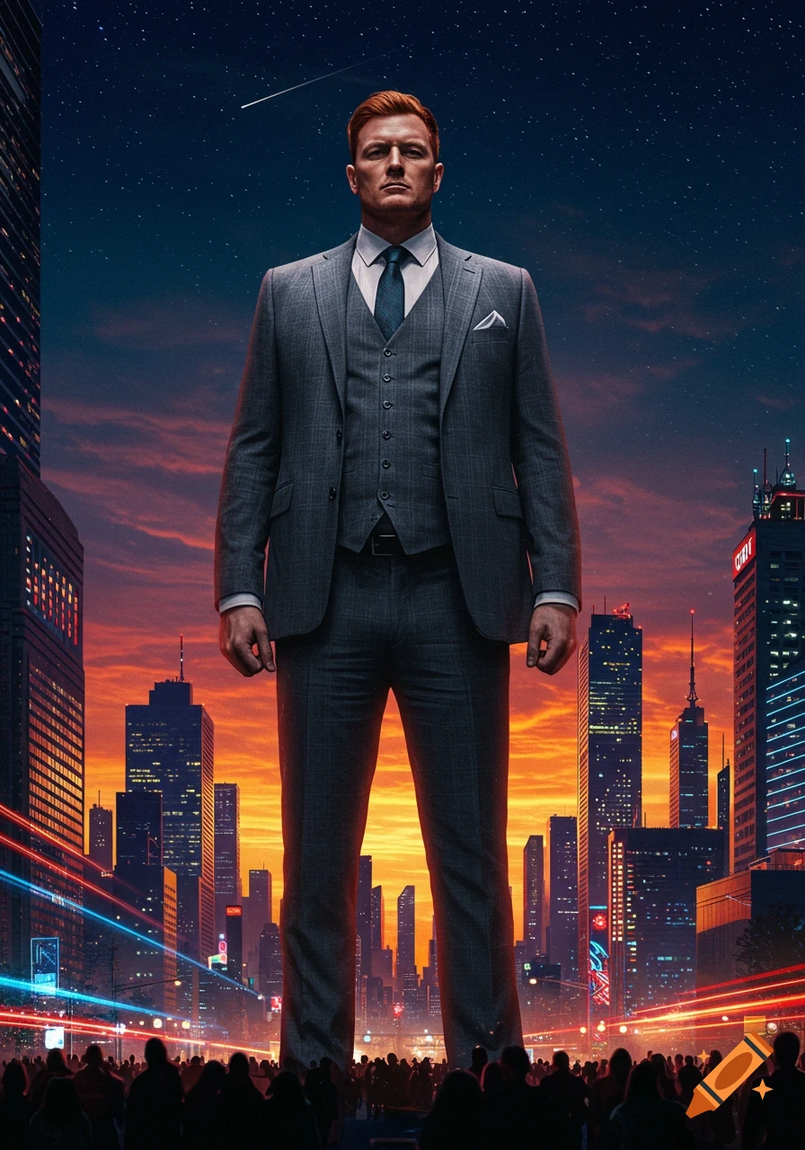 A towering man in a grey suit stands above a sprawling futuristic city at night, with an orange and blue sky and light trails.