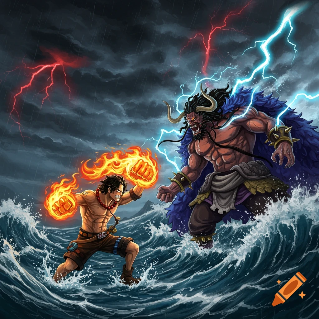One Piece characters Ace and Kaido battling in a stormy ocean with fire and lightning abilities, anime style.