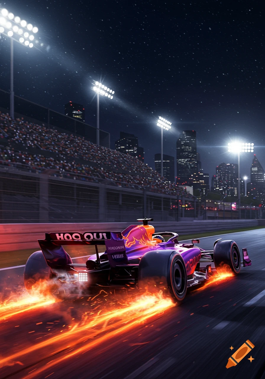 Purple and orange Formula 1 car races at night, leaving fiery trails, with stadium lights and a city skyline.