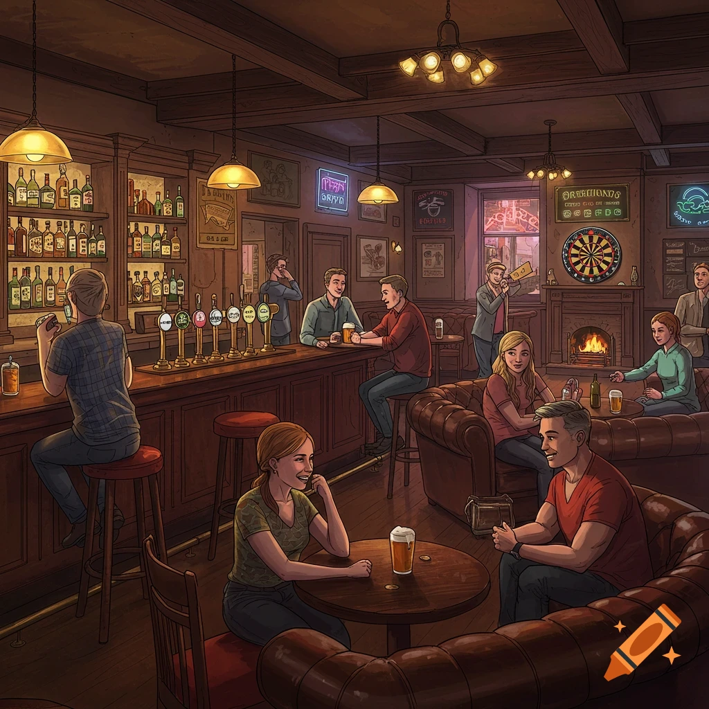 Detailed illustration of a lively pub with people socializing, drinking beer. Warm, inviting atmosphere.