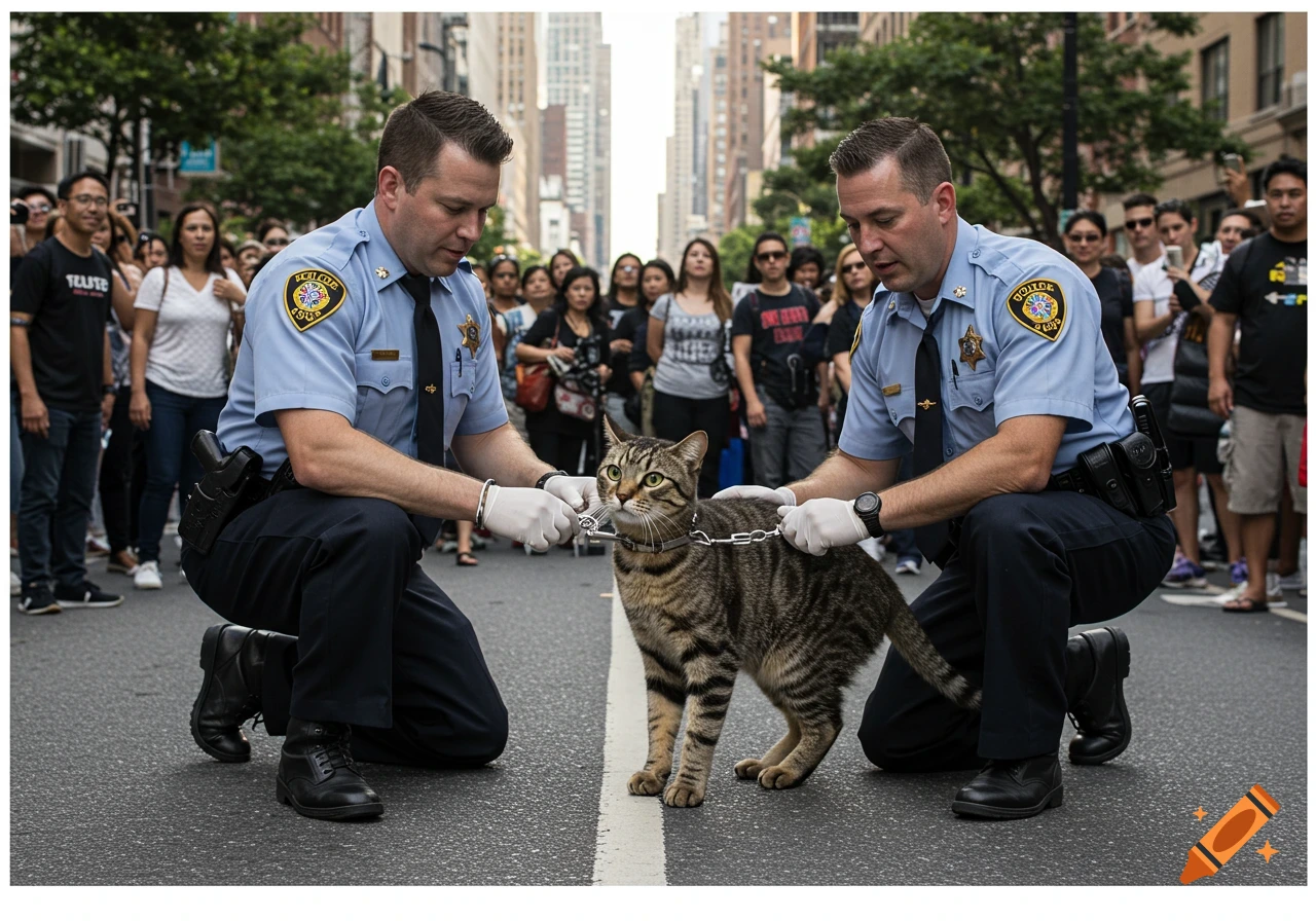 Two police officers in uniform crouch on a city street, appearing to 'arrest' a tabby cat with tiny handcuffs, as a crowd watches.
