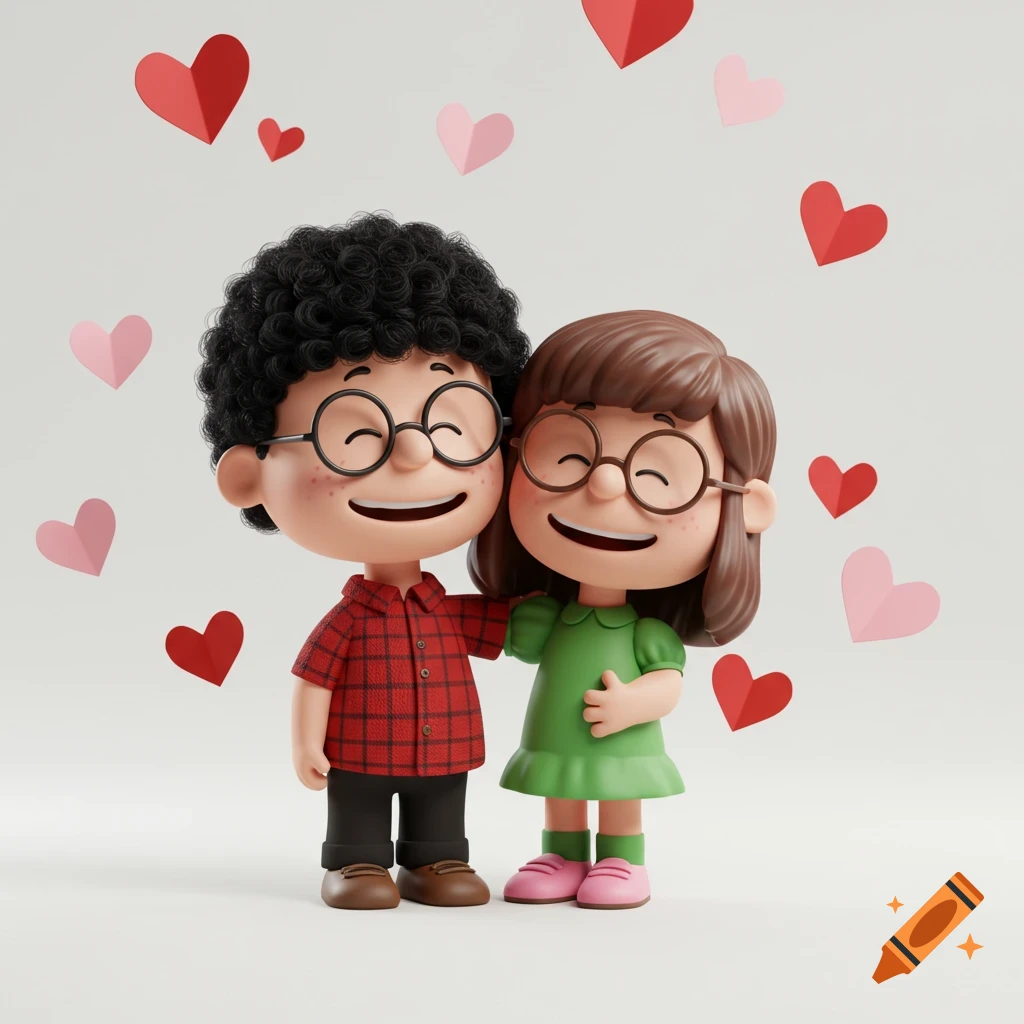 Two happy 3D rendered cartoon kids, a boy and a girl, hug on a white background with floating red and pink hearts.