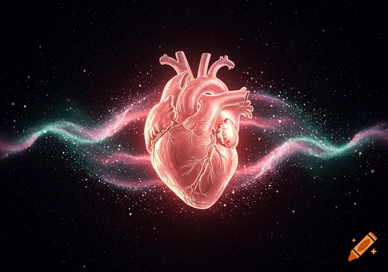 A glowing red anatomical heart floats in a starry cosmic space with pink and teal light waves, in a stylized illustration.