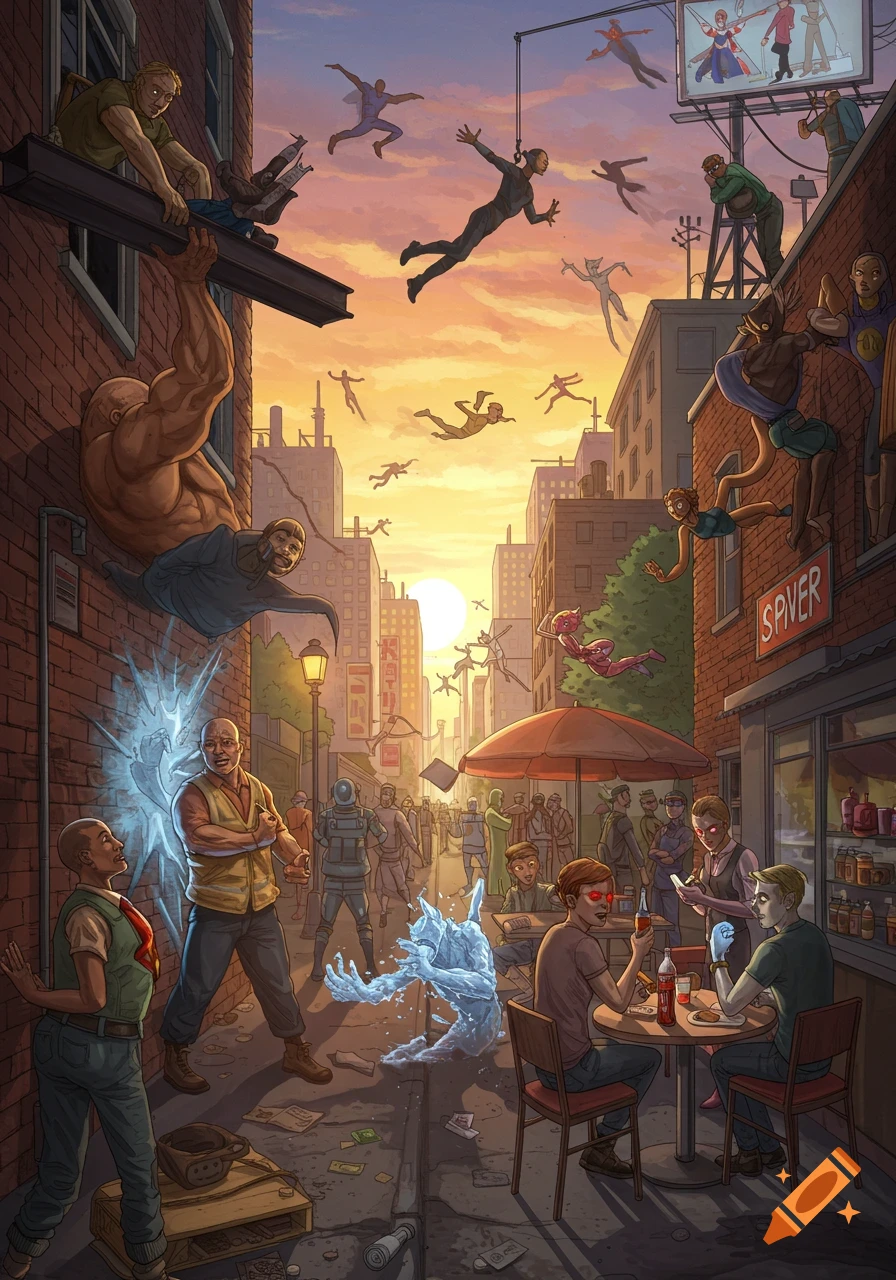 A vibrant comic art street scene at sunset, depicting numerous people using various superpowers in everyday life, like flying, wall-crawling, and ice manipulation.