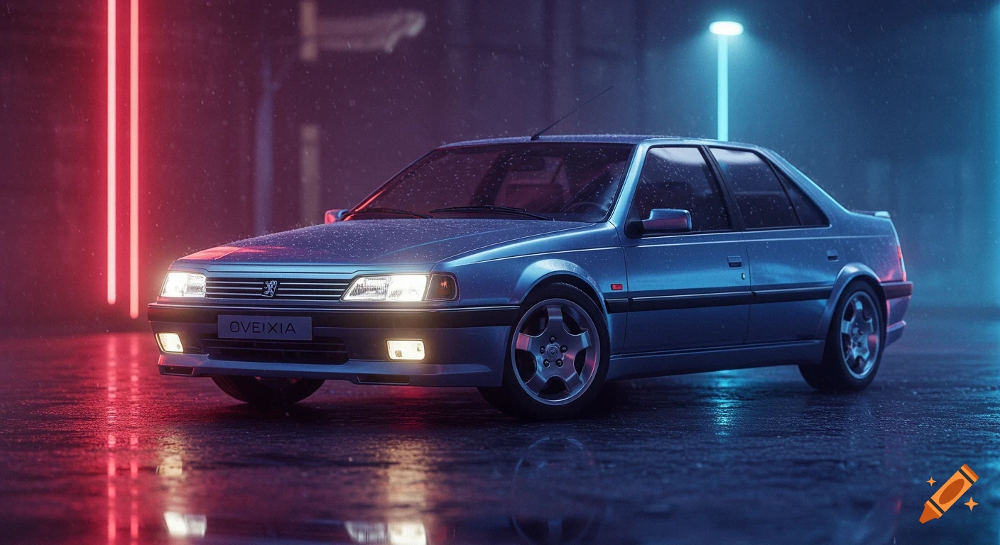 A blue 1980s Peugeot car with headlights on, parked on a wet street with red and blue neon lights reflecting on the ground.