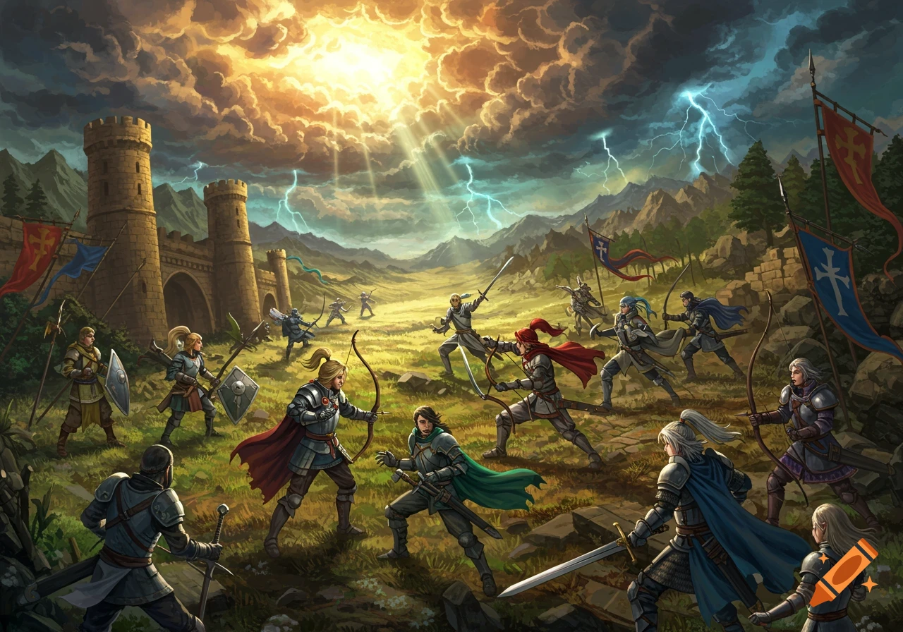 Armored fantasy warriors battle in a grassy field before a castle, under a stormy sky with lightning and dramatic sunlight.