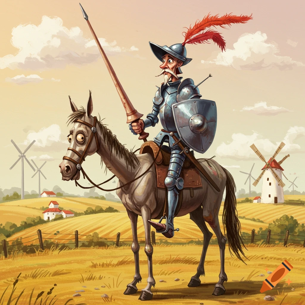A cartoonish Don Quixote, a lanky knight with a long nose and armor, rides a scrawny horse with bug eyes through a sunny, rural landscape with windmills.