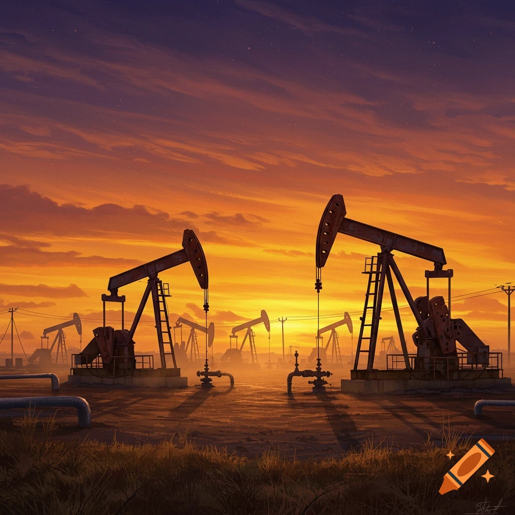 Silhouettes of oil pumpjacks in a West Texas oil field against a vibrant orange and purple sunset sky, in a painterly style.