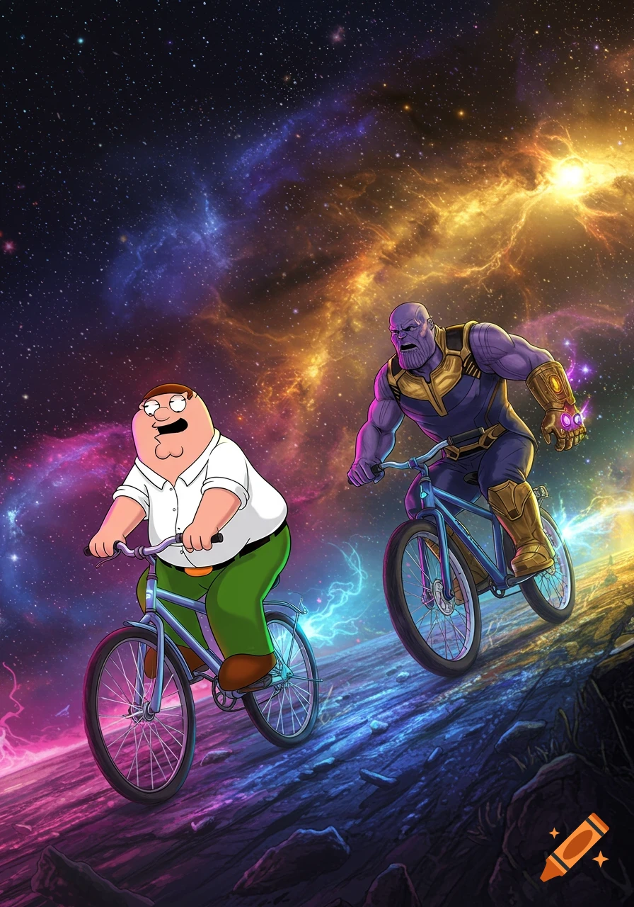 Peter Griffin and Thanos ride bicycles through a vibrant, colorful cosmic landscape in a cartoon illustration.