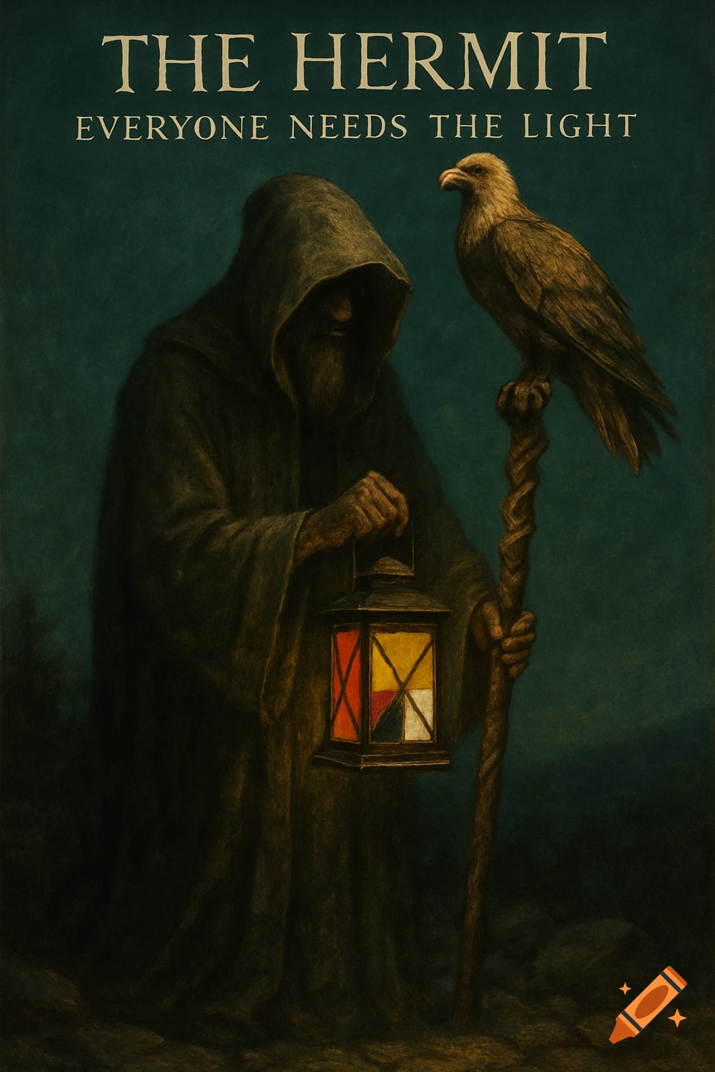 A dark, hooded hermit holds a multi-colored lantern, an eagle perches on his staff. Text: 'THE HERMIT EVERYONE NEEDS THE LIGHT'.