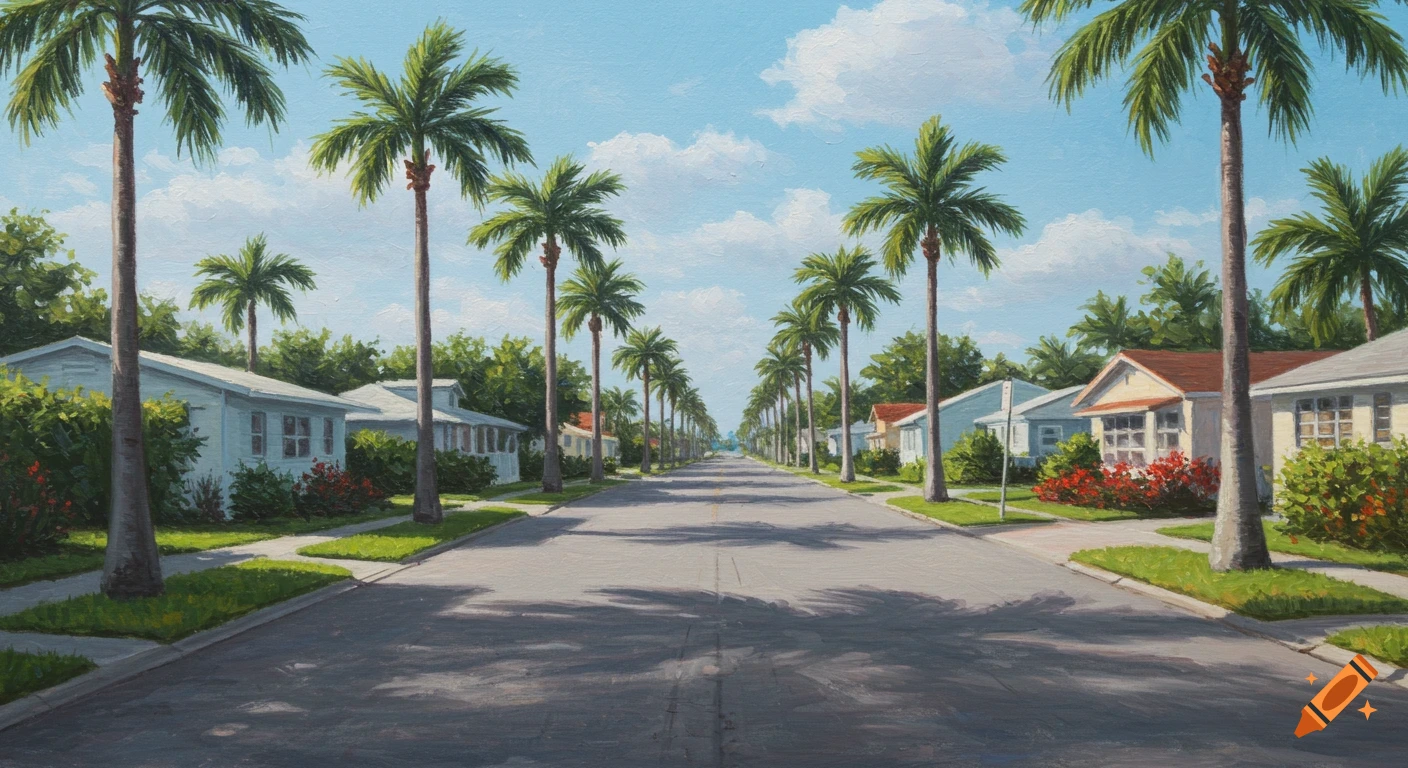 An oil painting depicts a residential street lined with tall palm trees and simple one-story houses under a blue sky.