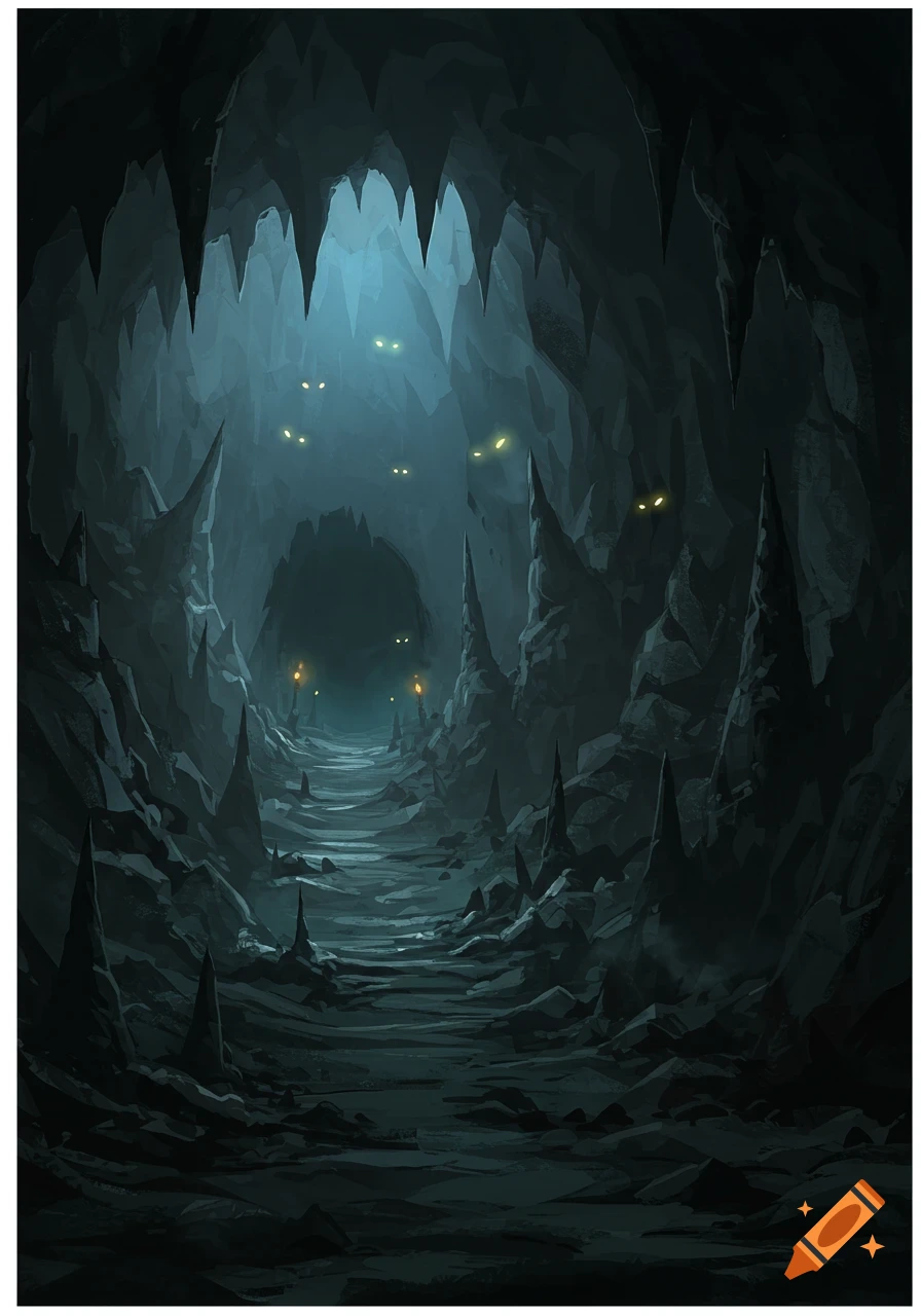 A dark, eerie cave interior with glowing yellow eyes in the shadows and a suspenseful path ahead, in a digital painting style.
