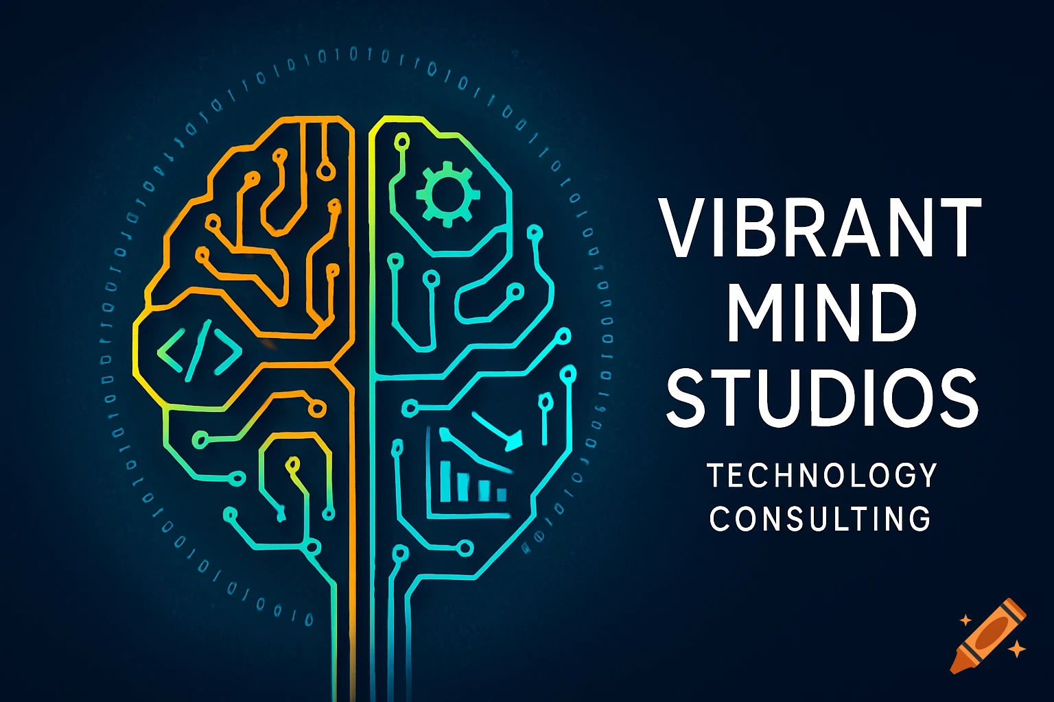 Stylized circuit board brain logo for Vibrant Mind Studios, a technology consulting company, on a dark blue background.