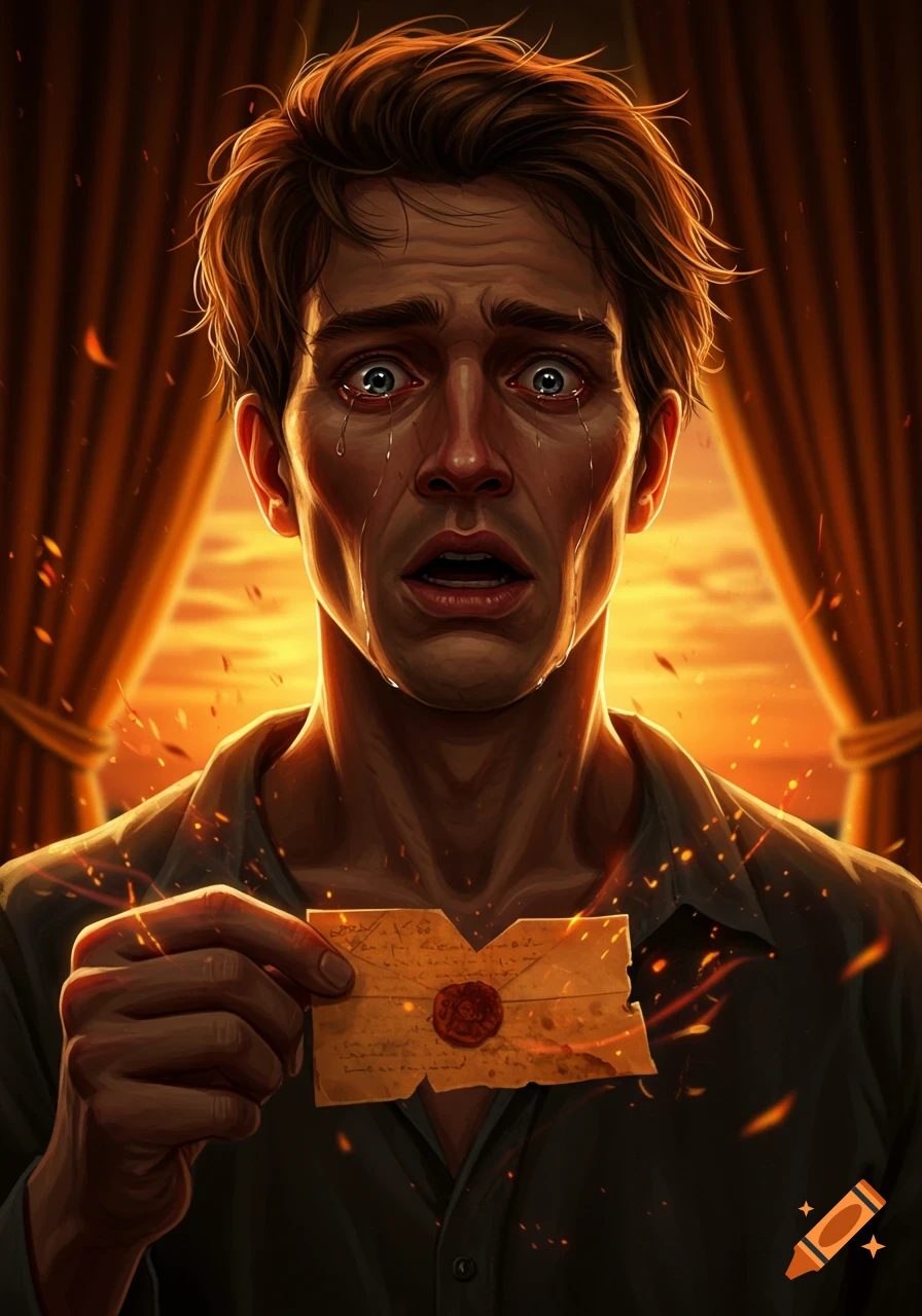 A dramatically lit illustration of a crying man holding a crumpled letter with a wax seal, against a fiery orange background.