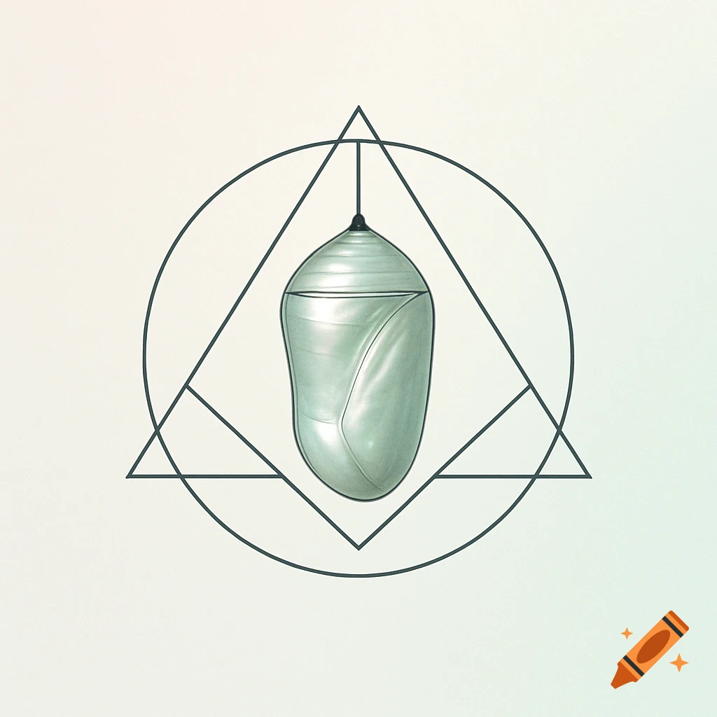 A light green chrysalis hangs within a dark geometric design of overlapping circles and triangles on a pale gradient background.