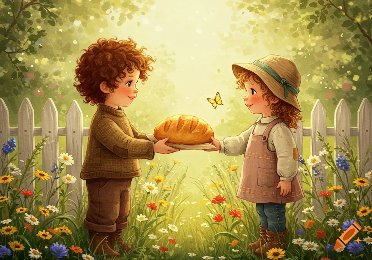 A watercolor illustration of two cute children exchanging a loaf of bread in a sunny, flower-filled garden.