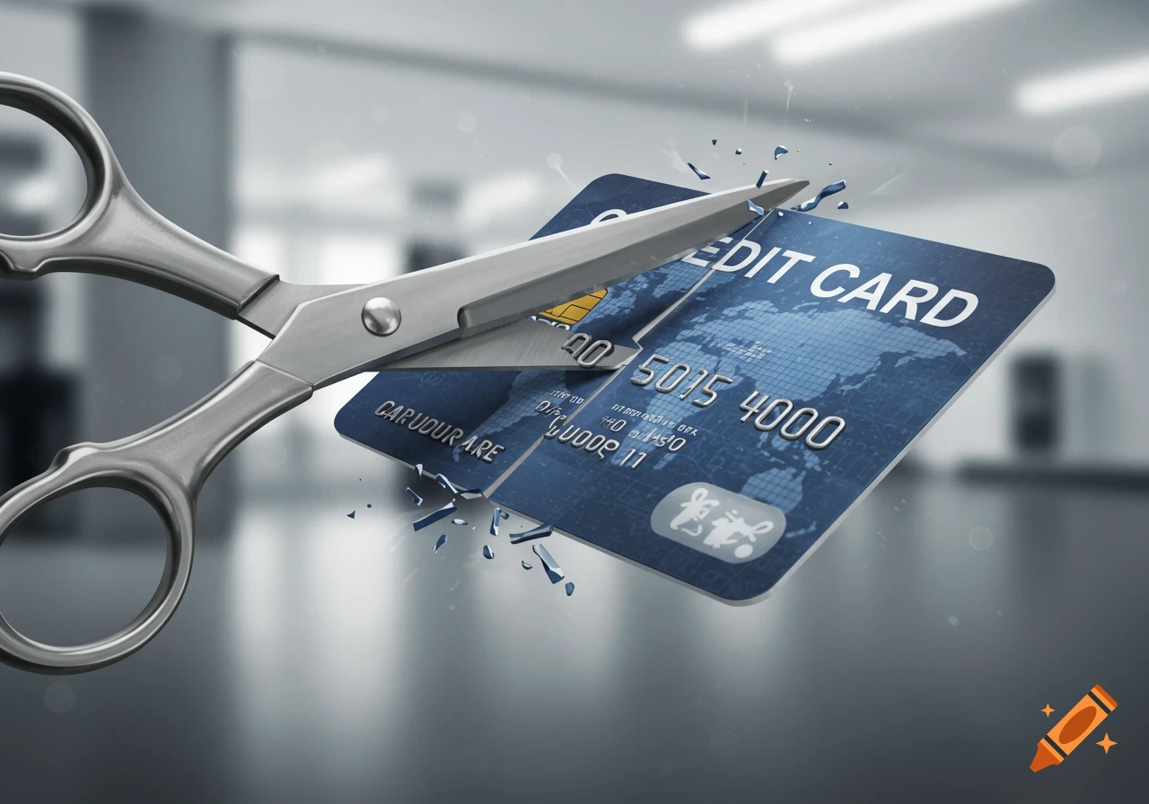 Silver scissors cutting a blue credit card in half with shards, against a blurred background.