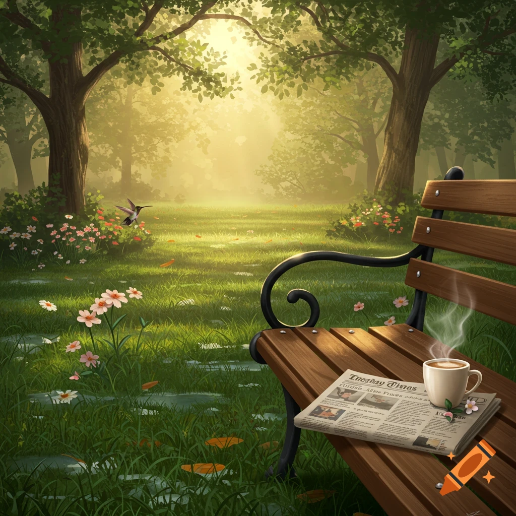 A serene park scene with a wooden bench, a newspaper, and a steaming cup of coffee. Sunlight filters through green trees onto a grassy area with flowers and a hummingbird.