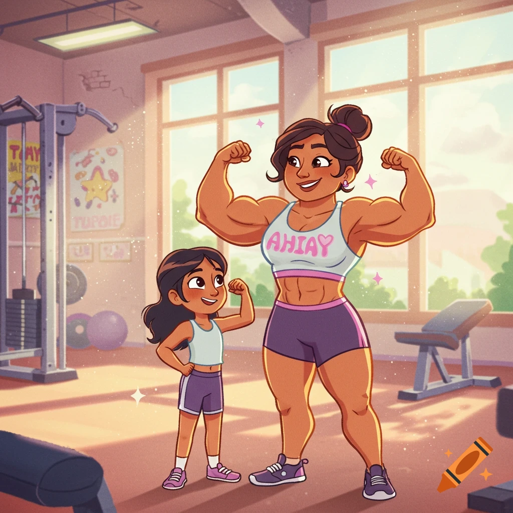 A strong, muscular woman and a young girl flex their biceps at a gym in a bright cartoon style.