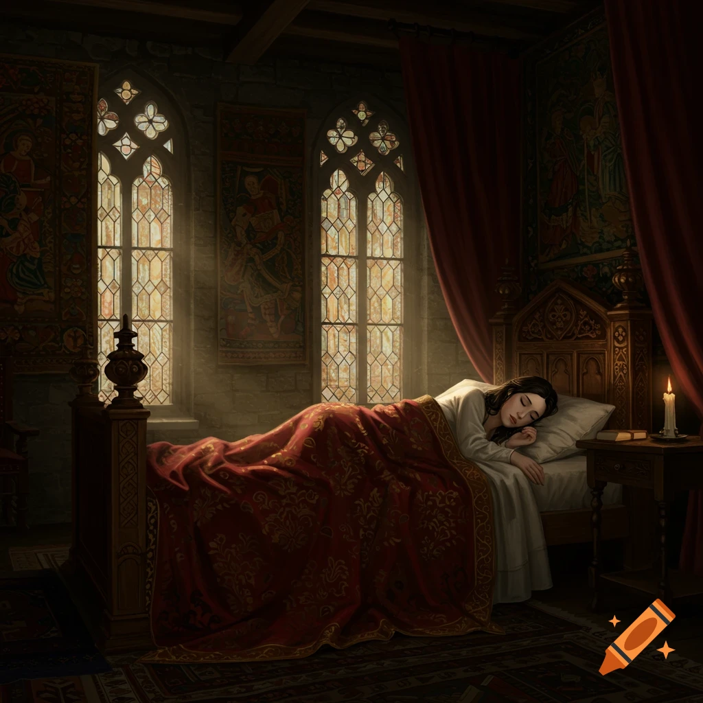 A medieval woman sleeps peacefully in a lavish 15th-century bedroom, sunlight streaming through stained glass windows.