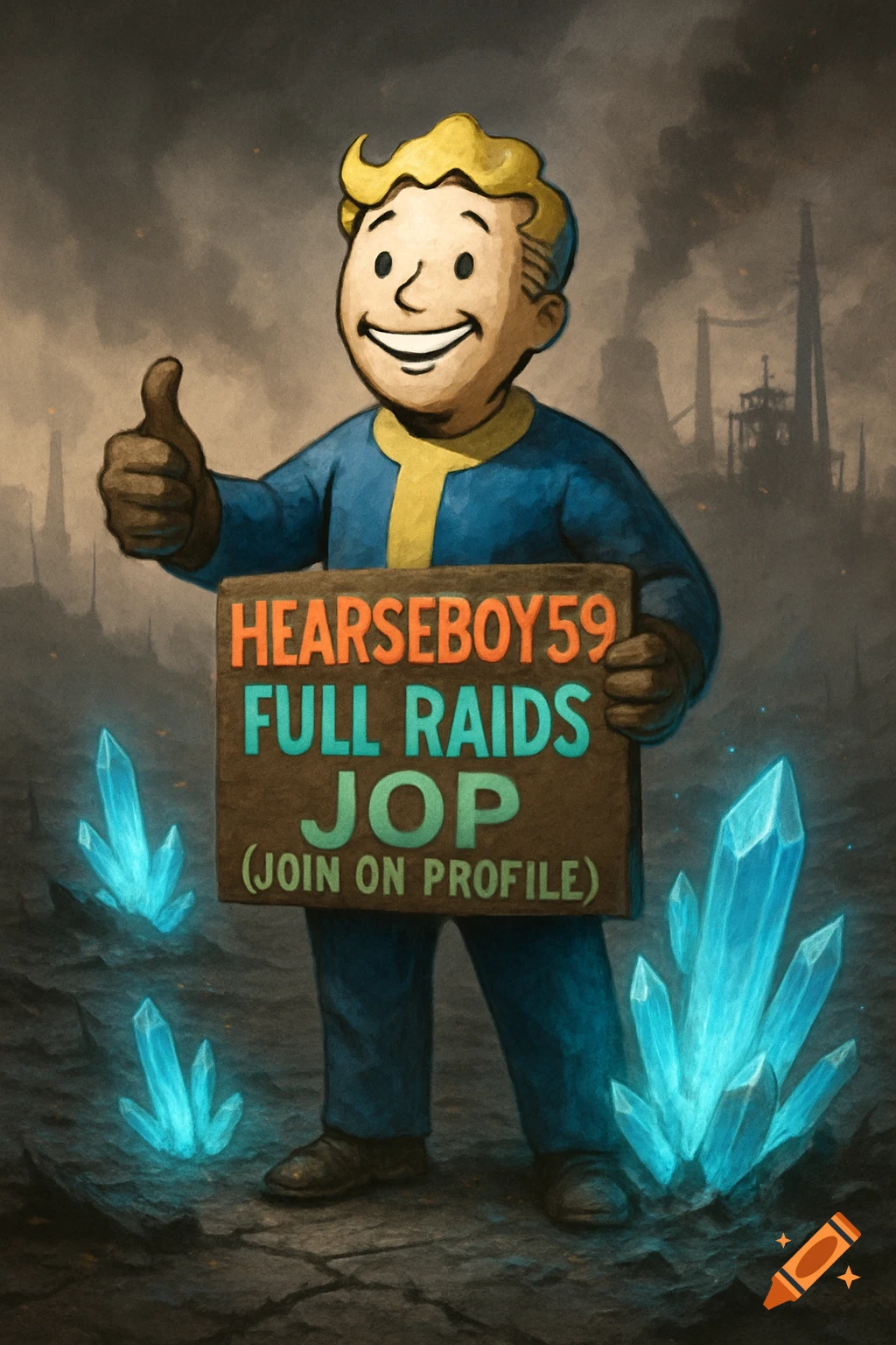 Vault Boy from Fallout stands in an ash heap with glowing blue ultracite crystals, giving a thumbs up and holding a sign.