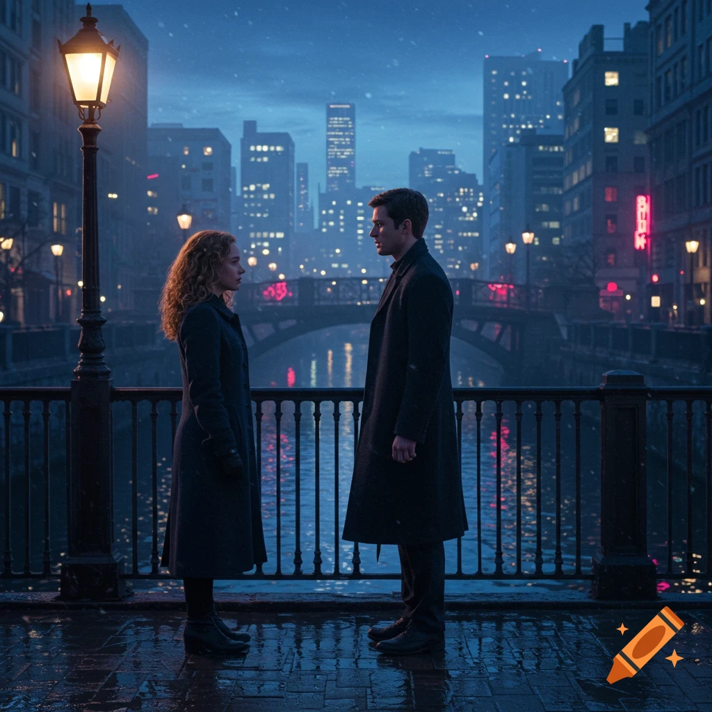 A man and a woman in long coats stand facing each other on a rainy bridge at night, with a bustling city skyline and river in the background.