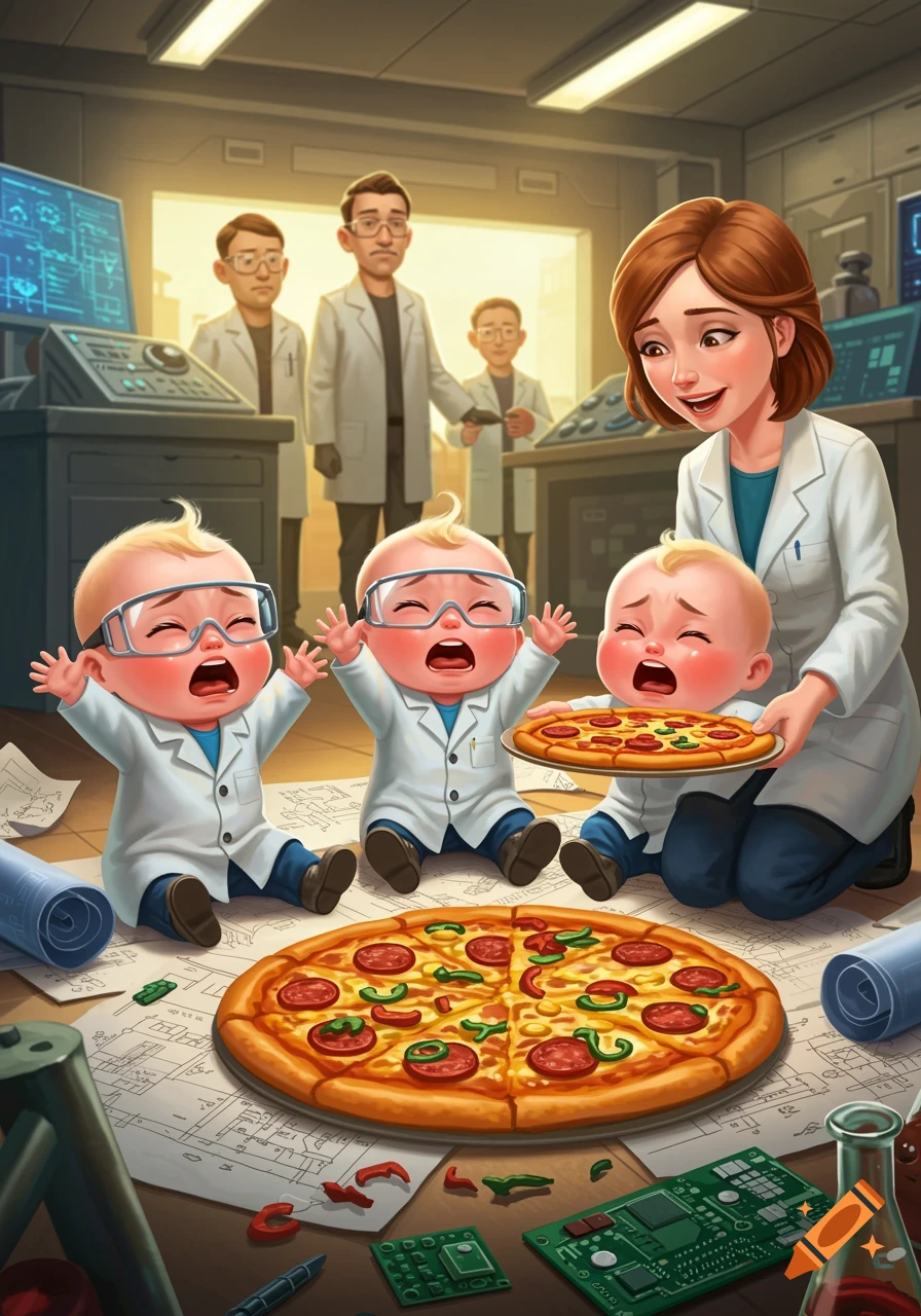Cartoon illustration of crying babies in lab coats receiving pizza from a woman in a science lab, with two disapproving men watching.