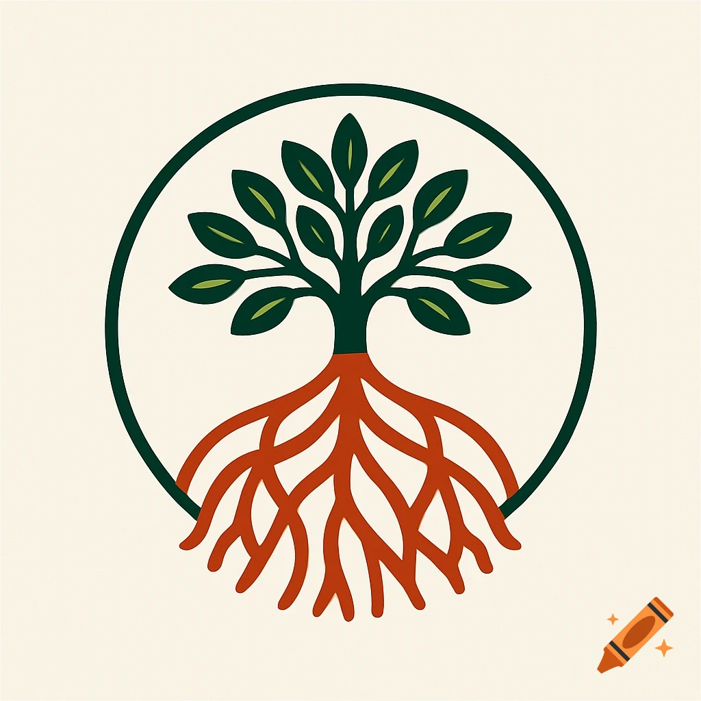 Stylized tree logo with dark green leaves and red roots, enclosed in a dark green circle, on a light background.